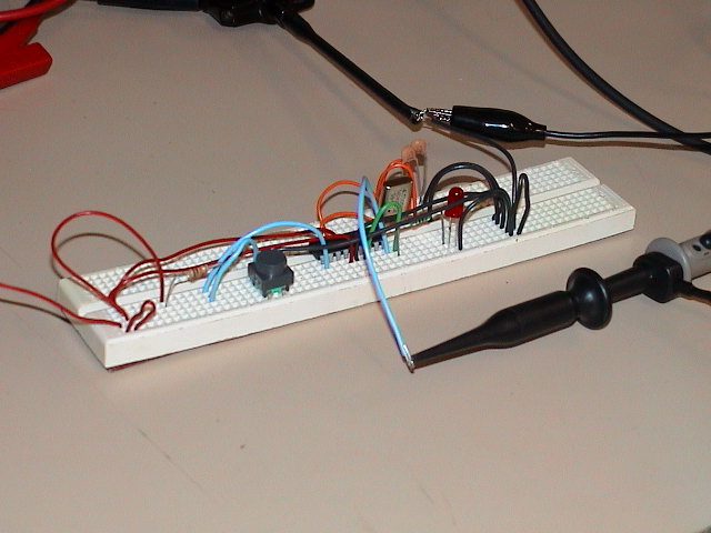 Picture showing the PIC16F628 prototype board with the scope attached